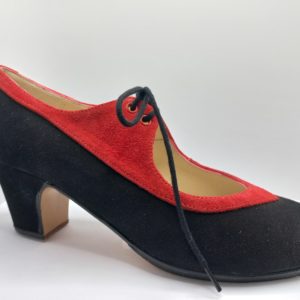 Zapatos de flamenco profesionales Lazo bicolor, ante negro y rojo, tacón 5,5 cms (bajo)