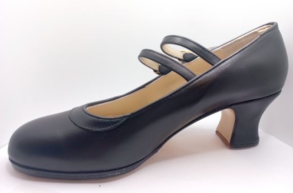Zapato profesional dos correas piel negro, escote redondo, nº 39, tacon semi-carrete