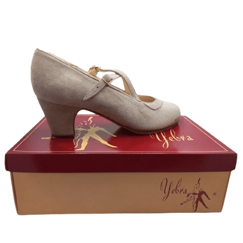 Zapatos de flamenco profesionales Ana, ancho especial y suela cosida. En ante. Color beige. Tacón bajo (6cm)
