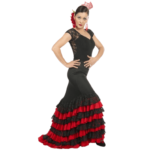Falda de flamenco con colín de 8 volantes en rojo y encaje negro y punto.