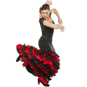 Falda de flamenco con colín de 8 volantes en rojo y encaje negro y punto.