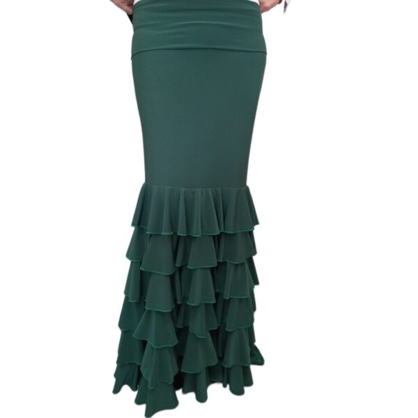 Falda de flamenco Esperanza con 6 volantes. Tela elástica muy adaptable, con cinturilla elástica para doblar. Efecto reductor. Ideal para ensayo o actuación. En color verde botella o negro.