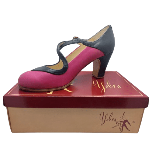 Zapatos de flamenco profesionales Lola, piel y ante, negro y fucsia, correas cruzadas, tacón alto (7,5cm)