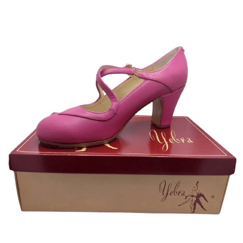 Zapatos de flamenco profesionales Lola, piel fucsia, correas cruzadas, tacón alto (7,5cm)