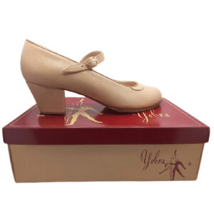 Zapatos de flamenco profesionales Neus, piel beigue, escote redondo, tacón cubano (6cm)