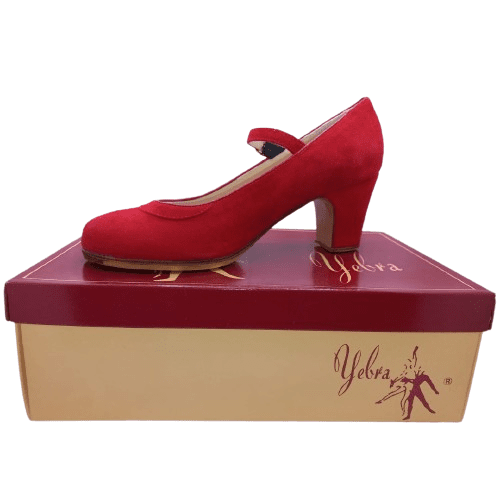 Zapatos de flamenco profesionales Neus. En ante, de color rojo. 1 correa. Tacón alto (7,5cms)