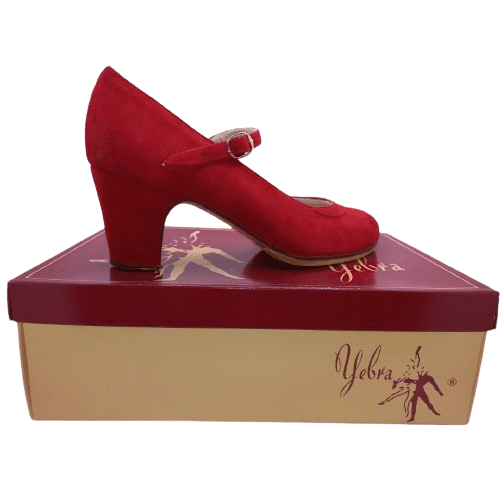 Zapatos de flamenco profesionales Neus. En ante, de color rojo. 1 correa. Tacón alto (7,5cms)
