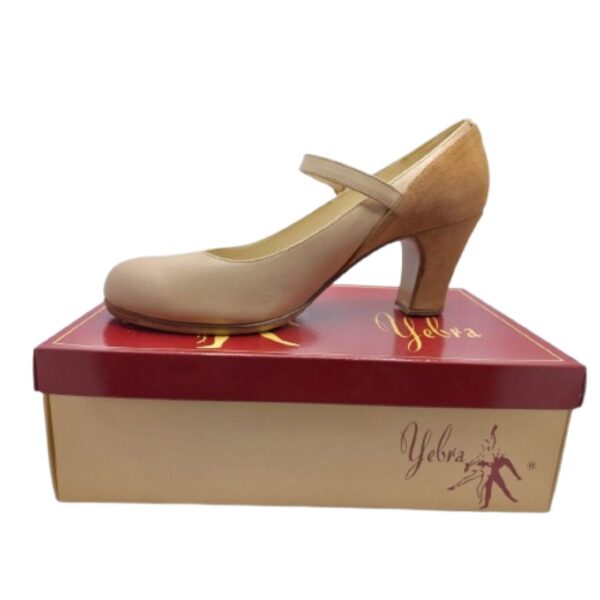 Zapatos de flamenco profesionales María, en piel beige y ante caña, tacón alto (7,5cm)