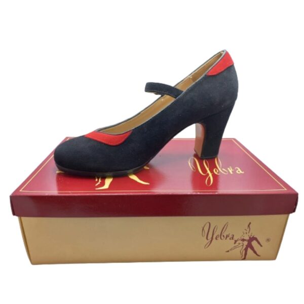 Zapatos de flamenco profesionales Olga, de ante en negro y rojo, escote de corazón, tacón alto (7,5cms)