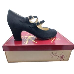 Zapatos de flamenco profesionales Ángela, en ante negro, correas cruzadas inclinadas, tacón normal (6,5cm).