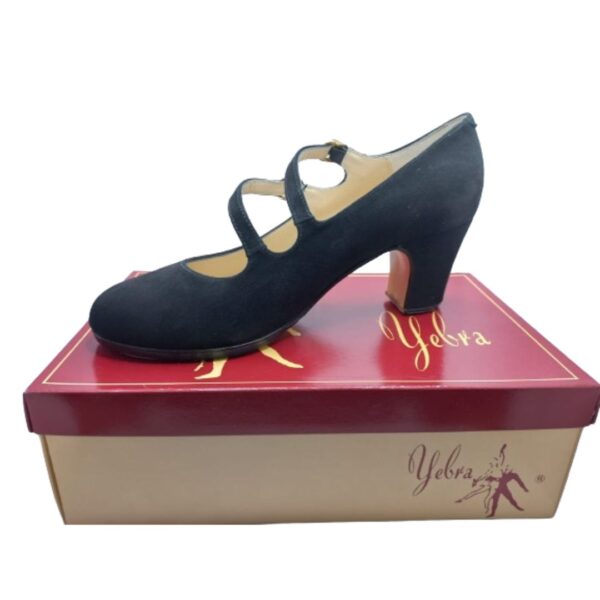 Zapatos de flamenco profesionales Ángela, en ante negro, correas cruzadas inclinadas, tacón normal (6,5cm).